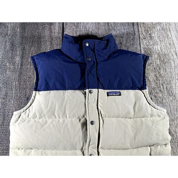 Patagonia Bivy Down Vest Mens Large Tan Blue Full Zip Puffer Sleeveless - Picture 2 of 12